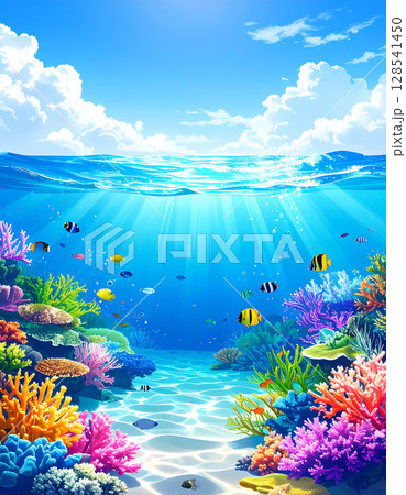 熱帯のサンゴ礁や熱帯魚が賑やかな海中と青空に入道雲 128541450
