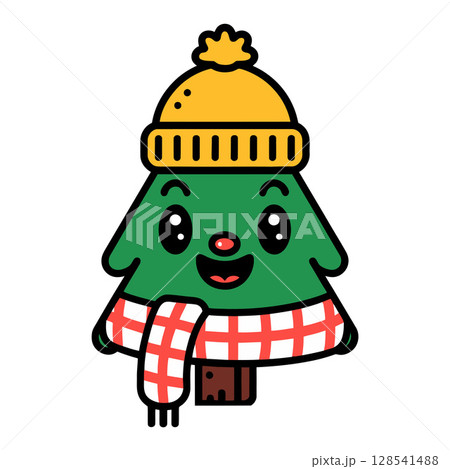 Cartoon Christmas Tree Wearing Hat and Scarf with Smiling Face 128541488