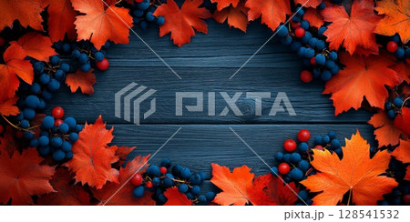 Autumn Grapes and Leaves on Blue Wooden Background 128541532