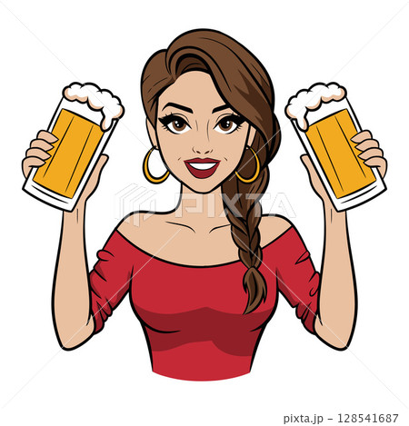 Woman with Braid Holding Two Beer Glasses 128541687