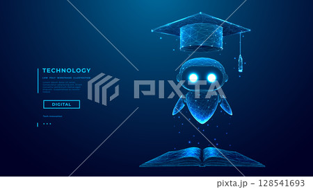 Abstract Hologram of AI Robot in Graduation Cap Fly Over Book 128541693