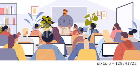 Classroom teacher students learning modern education diverse group using laptops plants bookshelves interior academic lesson 128541723