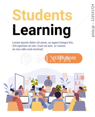 Students classroom teacher back to school education diverse group laptops indoor plants bookshelves modern flat design website banner Students classroom teacher back to school education diverse group laptops indoor plants bookshelves modern flat design website banner 128541724