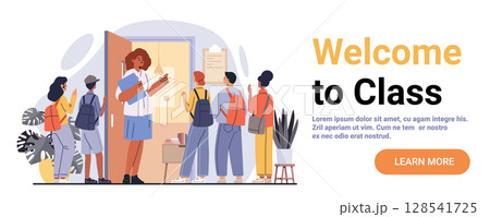 Teacher welcoming students back to school classroom entrance group diverse children backpacks indoor plants modern flat website banner 128541725