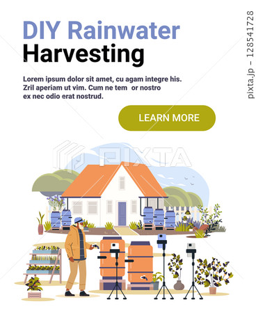 DIY rainwater harvesting home garden water barrels man recording video camera tripod plants outdoor sustainable living concept website banner DIY rainwater harvesting home garden water barrels man recording video camera tripod plants outdoor sustainable living concept website banner 128541728