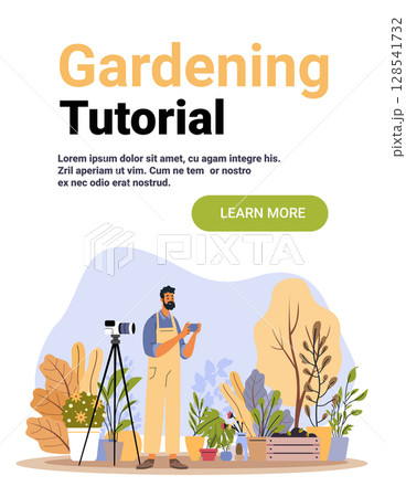 Gardening tutorial man recording video camera tripod plants foliage outdoor scene modern flat website banner 128541732