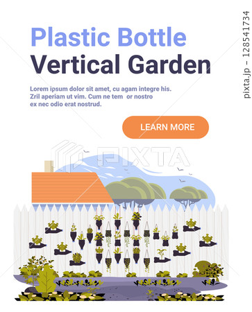 Plastic bottle vertical garden eco-friendly upcycling concept backyard fence with hanging recycled planters green plants house trees outdoor scene 128541734