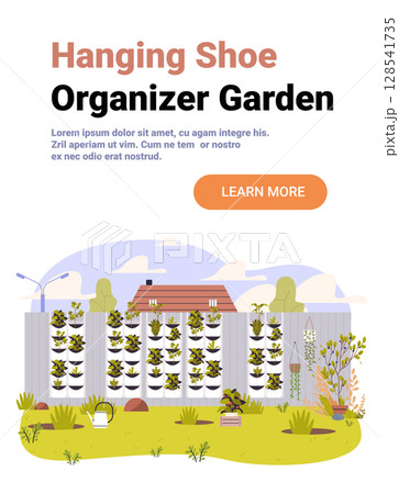 Hanging shoe organizer garden vertical planter creative backyard scene with plants on fence outdoor landscape home gardening concept website banner Hanging shoe organizer garden vertical planter creative backyard scene with plants on fence outdoor landscape home gardening concept website banner 128541735