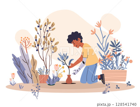 Boy with prosthetic arm gardening diversity inclusion nature plants colorful foliage outdoor activity modern flat design 128541740