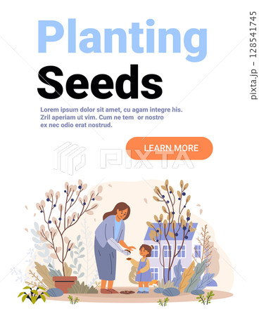 Planting seeds mother and child gardening together outdoor house garden colorful plants bushes website banner 128541745
