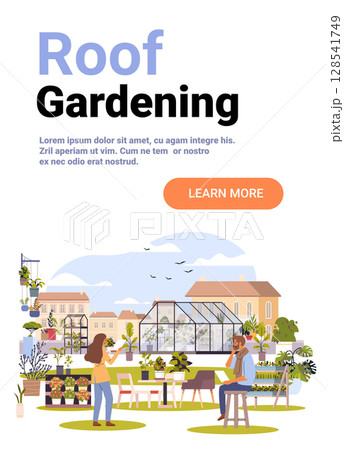 Roof gardening urban greenhouse plants people relaxing rooftop terrace outdoor nature modern cityscape website banner 128541749