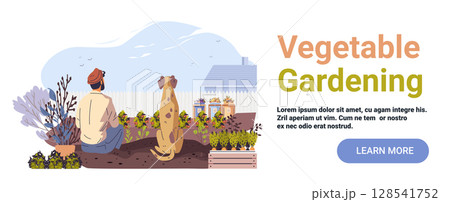 Vegetable gardening man dog backyard plants nature outdoor garden beds house fence website banner template Vegetable gardening man dog backyard plants nature outdoor garden beds house fence website banner template 128541752