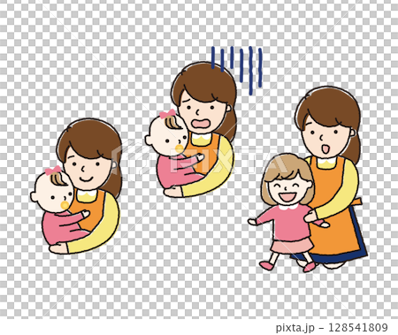 A mother holding a baby / Illustration of a female nursery teacher raising a child 128541809