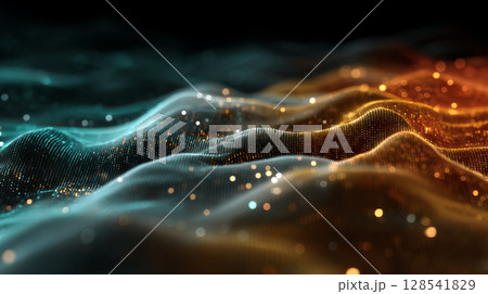 Abstract gradient particle waves seamlessly flowing with soft purple light and bokeh. Orange and blue digital waves. Technology, engineering, science, and artificial intelligence background 128541829