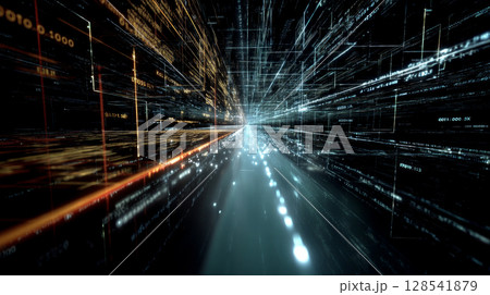 Virtual reality data stream tunnel, glowing wires and code. Virtual abstract fantasy cyber reality room. chars data stream live. Online reality concept. Blue color. Virtual reality data stream tunnel, glowing wires and code. Virtual abstract fantasy cyber reality room. chars data stream live. Online reality concept. Blue color. 128541879