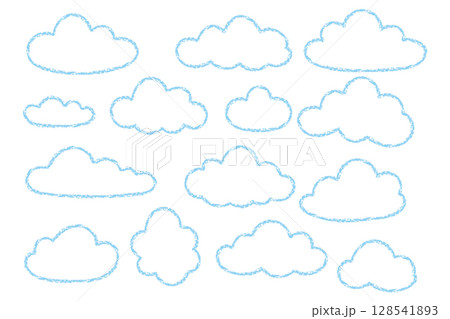 Blue crayon cloud outline set on white background 128541893