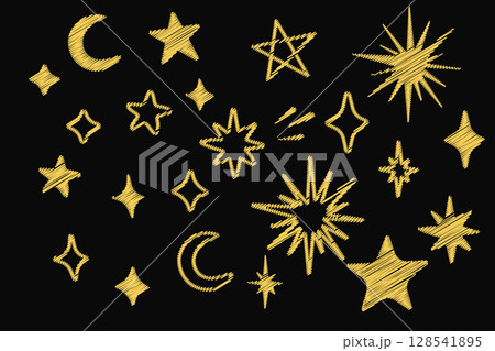 Hand drawn star and moon sketch with crayon hatching 128541895