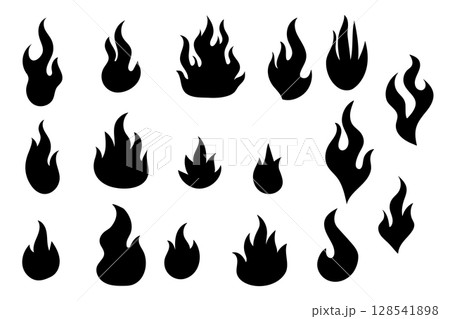 Black flame icon set in bold silhouette style 128541898