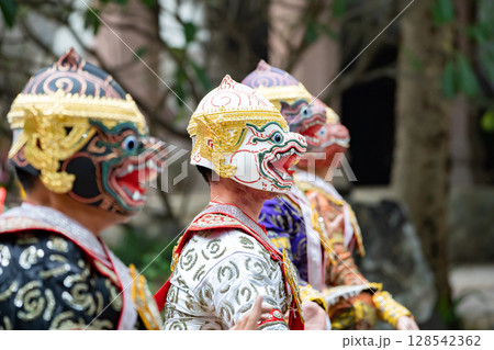 The performance of Thai traditional drama story Khon epic, Ramakien or Ramayana with Hanuman (white monkey) and others. The performance of Thai traditional drama story Khon epic, Ramakien or Ramayana with Hanuman (white monkey) and others. 128542362