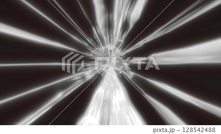 Monochrome light burst with chrome-like reflections and sleek radial beams emerging from a dark core 128542488