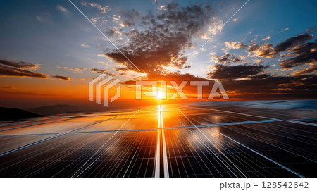 Solar farm and sunlight at sunset. Solar power for green energy. Sustainable renewable energy. Photovoltaic power plant or solar park. Solar panel installation and maintenance concept. Energy 128542642