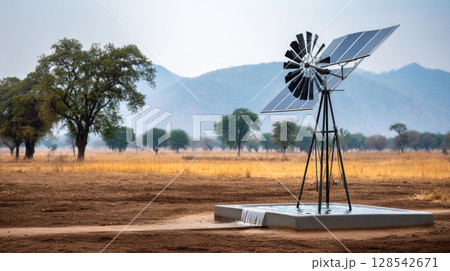 Water pumps and solar panels. Groundwater is pumped with a submersible pump from clean energy or solar energy converted to electric energy on an agricultural farm 128542671
