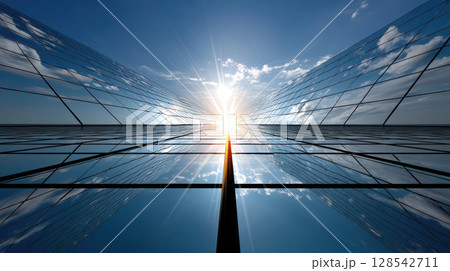 Photovoltaic solar power panel on blue sky ,green clean alternative energy. environmentally friendly. Clean energy and environment. 3D rendering 128542711