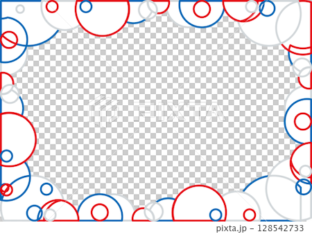 Beautiful line drawing frame made of circles, white background, red, blue and grey, geometric pattern 128542733