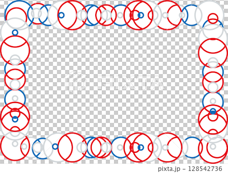 Beautiful line drawing frame made of circles, white background, red, blue and grey, geometric pattern Beautiful line drawing frame made of circles, white background, red, blue and grey, geometric pattern 128542736