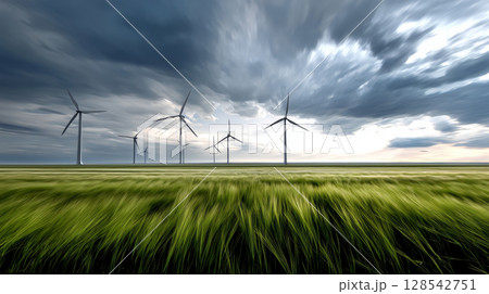 Dark shelf cloud preceding a severe thunderstorm at a wind turbine park. Beautiful thunderstorm black clouds and clouds hanging over the ground. 128542751