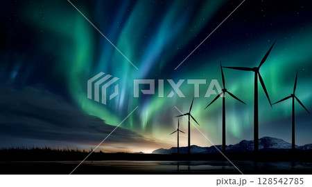 Wind turbines in motion with blurred sky stripes, long exposure effect against the backdrop of the northern lights. The concept of an alternative energy source, energy saving and careful attitude to 128542785