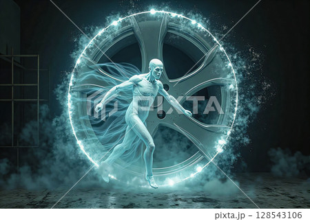 A walking human figure next to a wheel, rendered in a ghostly white visual image with detailed musculature, combines the haste of people and the speed of a car. 128543106