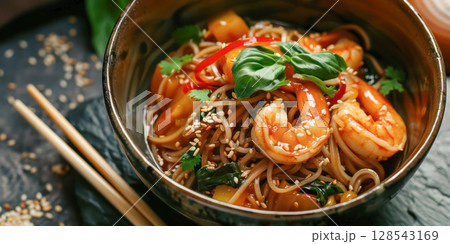 Delicious shrimp stir-fry with noodles, vibrant vegetables, and fresh herbs served in a bowl, showcasing culinary artistry and flavor 128543169
