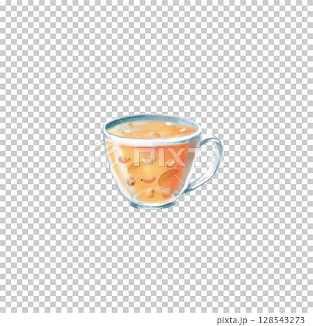 Glass mug with warming sea buckthorn and ginger tea. Isolated watercolor illustration in realistic style for design of juices, drinks, teas, tea card, printing on postcards, fabric and textiles. 128543273