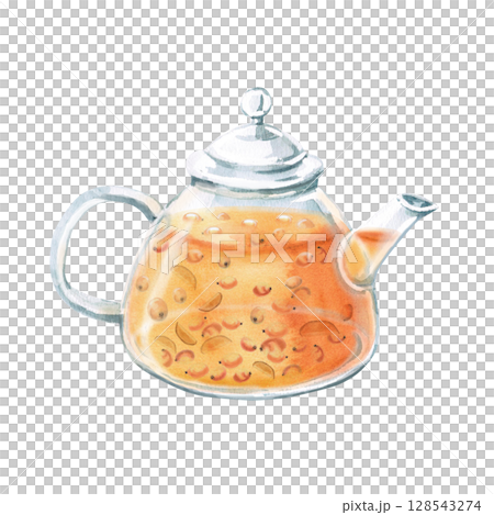 Glass teapot with warming sea buckthorn and ginger tea. Isolated watercolor illustration in realistic style for design of juices, drinks, teas, tea card, printing on postcards, fabric and textiles. 128543274