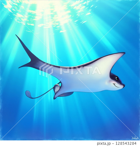 青緑の海を泳ぐマンタ 128543284