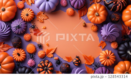 Colorful Halloween treats and pastel sweets surrounded by candy pumpkins, spiders, and autumn leaves on an orange background for festive seasonal design themes 128543314