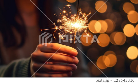 Close-up of a hand holding a glowing sparkler with golden bokeh lights in the background, symbolizing celebration, warmth, holiday cheer, and festive ambiance Close-up of a hand holding a glowing sparkler with golden bokeh lights in the background, symbolizing celebration, warmth, holiday cheer, and festive ambiance 128543316