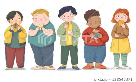 A group of children with different body types, including one overweight child, eating a variety of snacks 128543371