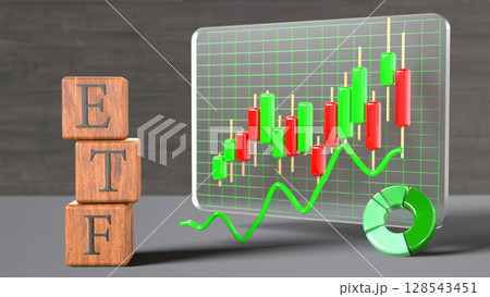 ETFと金融チャートを組み合わせた木製ブロックと投資分析のイラスト 128543451