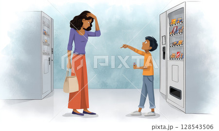 A child choosing a sugary snack at a vending machine, with a parent shaking their head in disapproval 128543506