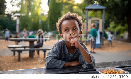 A boy at a playground, sitting on a bench eating snacks while other kids play 128543509