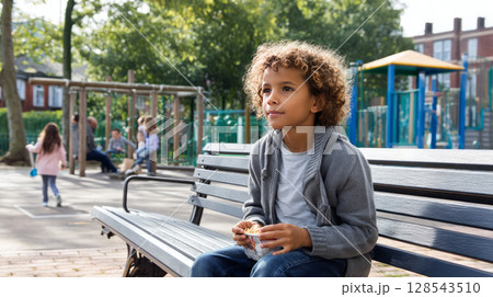 A boy at a playground, sitting on a bench eating snacks while other kids play 128543510