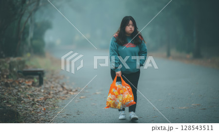 An overweight girl walking with a sad expression, holding a bag of chips in her hand 128543511