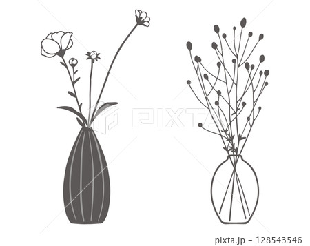 花瓶に生けた花の手描き線画イラスト素材 花瓶に生けた花の手描き線画イラスト素材 128543546