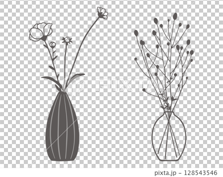 花瓶に生けた花の手描き線画イラスト素材 花瓶に生けた花の手描き線画イラスト素材 128543546