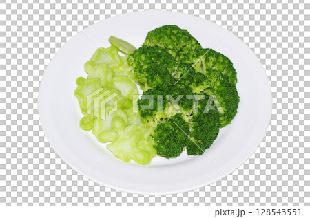 房と茎を食べやすい大きさにカットして茹でた新鮮で綺麗な緑色のブロッコリーを皿に盛った状態(背景透明) 房と茎を食べやすい大きさにカットして茹でた新鮮で綺麗な緑色のブロッコリーを皿に盛った状態(背景透明) 128543551