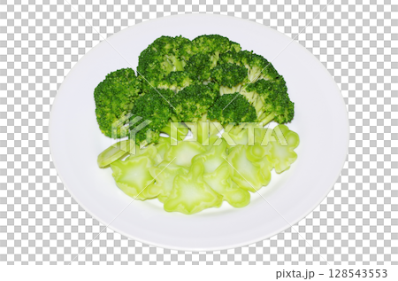 Fresh, beautiful green broccoli cut into bite-sized pieces and boiled, served on a plate (transparent background) Fresh, beautiful green broccoli cut into bite-sized pieces and boiled, served on a plate (transparent background) 128543553