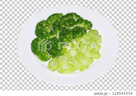房と茎を食べやすい大きさにカットして茹でた新鮮で綺麗な緑色のブロッコリーを皿に盛った状態（背景透明） 128543554