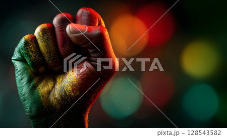 Hand is clenched into a fist, proudly raised up, Pan-African colors, June 19th Juneteenth day, Kwanzaa. Red, black, yellow and green colors. Africa Day. Hand is clenched into a fist, proudly raised up, Pan-African colors, June 19th Juneteenth day, Kwanzaa. Red, black, yellow and green colors. Africa Day. 128543582
